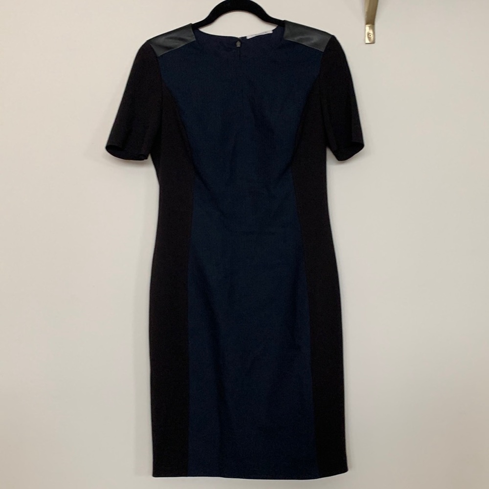 Tahari navy and black dress with leather detailing